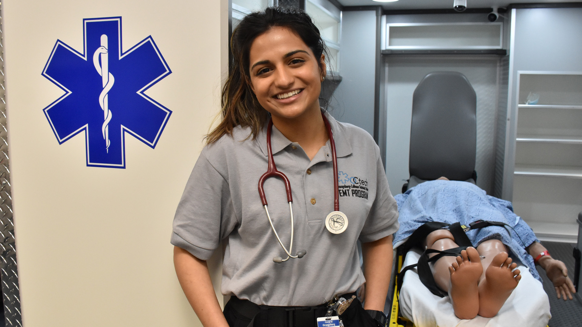 student next to ambulance