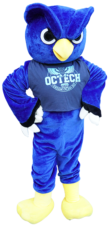 owl mascot wearing OCtech T shirt